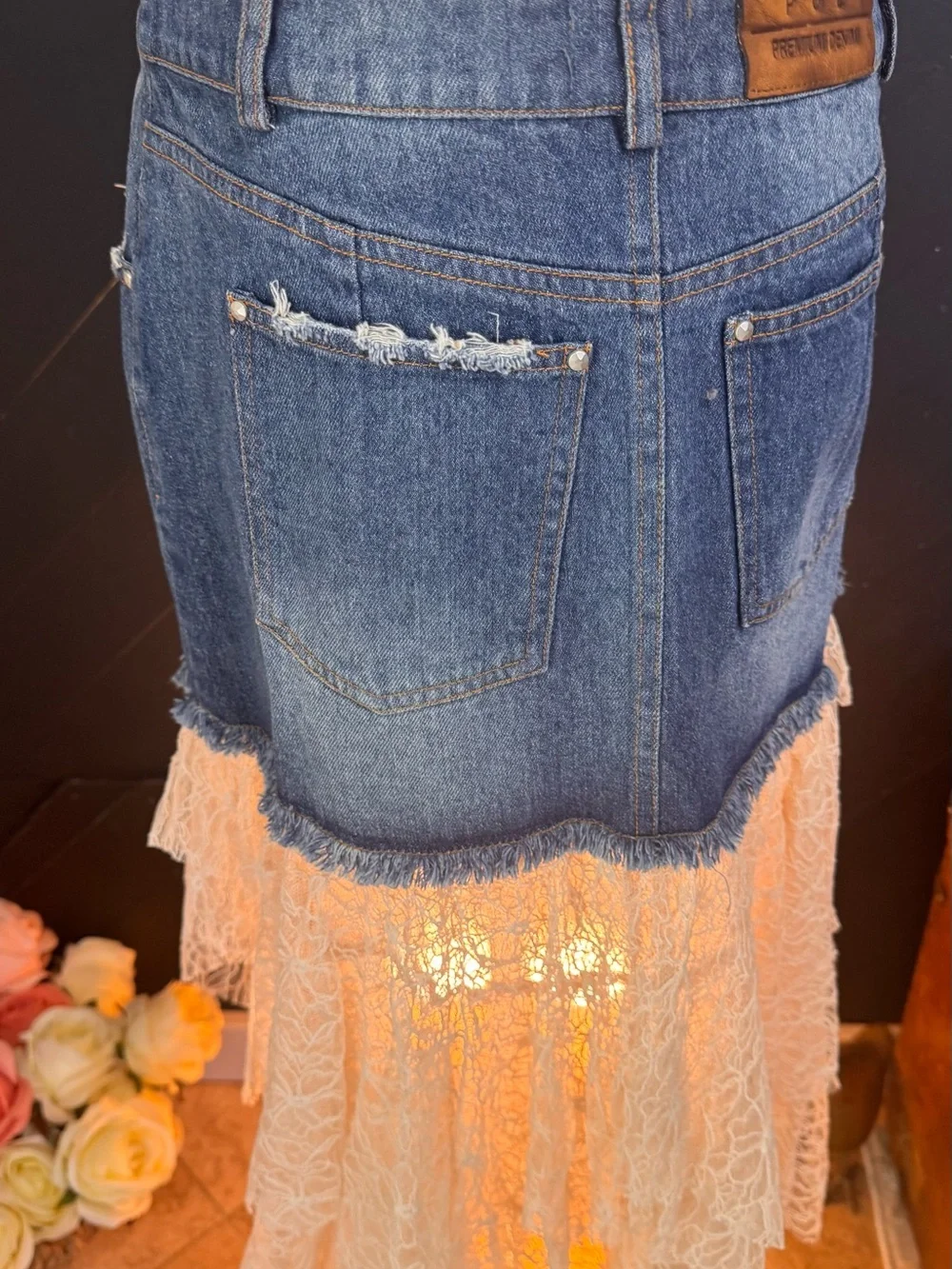 POL Clothing Blue Denim & Cream Lace High-Low Skirt - Picture 5 of 11
